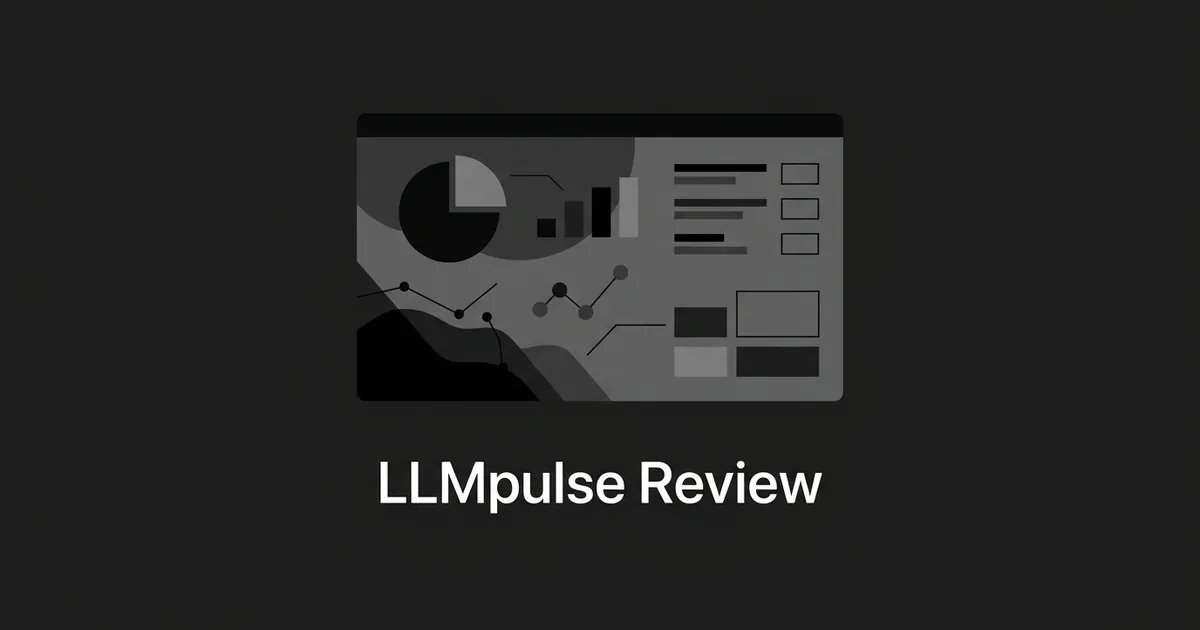 Monochrome illustration of an abstract analytics dashboard with charts and connected data points, captioned LLMpulse Review.