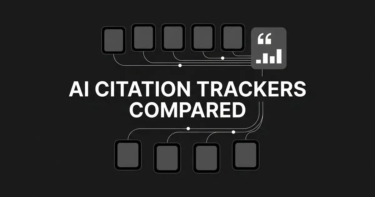 A monochrome diagram of eight small cards linked by fine white lines to a single larger card carrying a quote mark and chart bars, under the cover line AI Citation Trackers Compared.