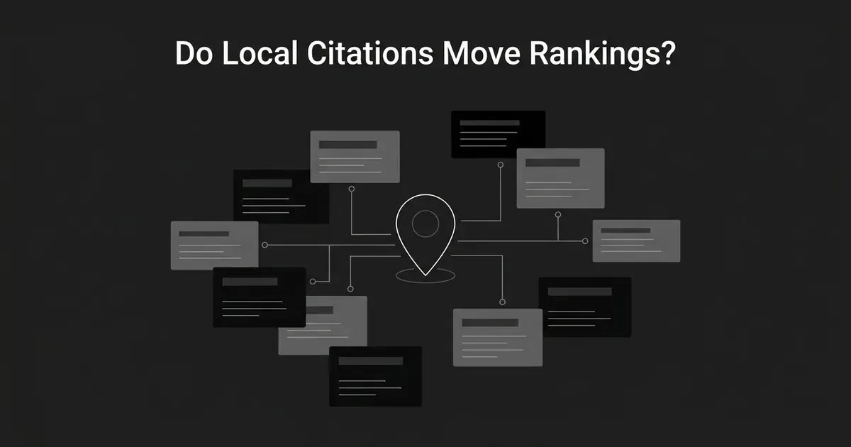 An illustration titled 'Do Local Citations Move Rankings?' showing scattered directory-listing cards connected by lines to a central map pin, representing third-party business listings around one location.