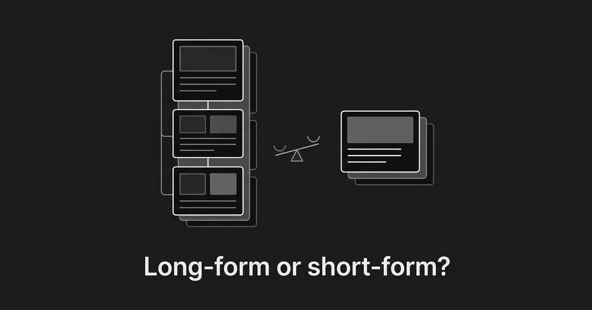 Two abstract content cards, a tall connected stack and a single compact card, balanced on a small seesaw above the words Long-form or short-form?