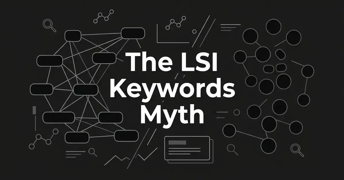 A monochrome illustration titled 'The LSI Keywords Myth' with a dense tangled web of connected word nodes on the left and a looser cluster of disconnected circular nodes on the right, separated by search and chart motifs, on a charcoal background.