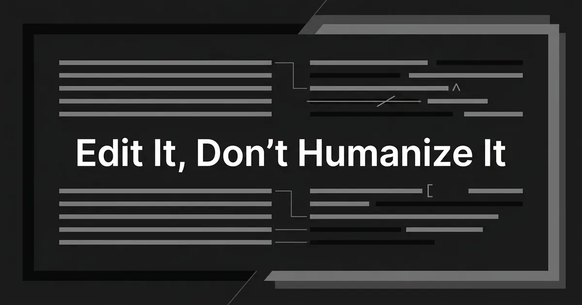 A monochrome cover showing a block of uniform grey text lines on the left shifting into lines of varied length with editorial strike-through, caret and bracket marks on the right, behind the white cover line “Edit It, Don’t Humanize It”.