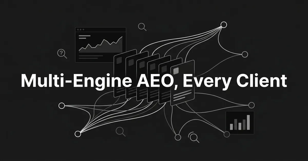 Monochrome abstract cover showing a row of layered client-brand cards connected by thin white lines to five separate AI engine nodes, with the cover line Multi-Engine AEO, Every Client centered on charcoal.