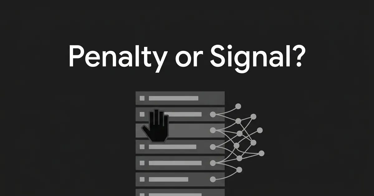 Abstract illustration of a search results list in white and gray on a dark background, with the text 'Penalty or Signal?' above it: one row is marked by a single hand icon representing human-reviewed enforcement, while the other rows connect into a network of small nodes representing automated ranking signals.