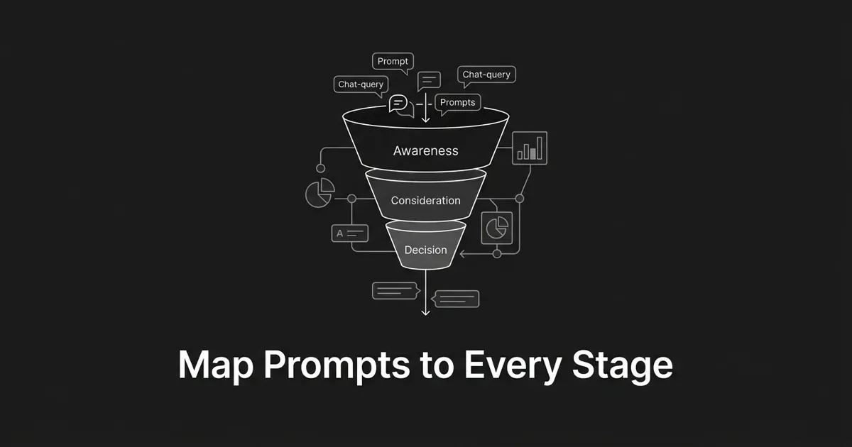 A monochrome flat-vector illustration of a three-stage funnel split into awareness, consideration, and decision bands, with prompt bubbles flowing down through connection nodes, under the centered white cover line Map Prompts to Every Stage.