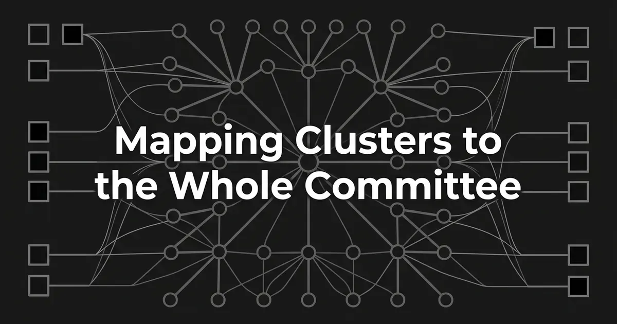 A monochrome network of hub and spoke nodes fans out to rows of square role markers on both sides, under the centered white cover line Mapping Clusters to the Whole Committee.