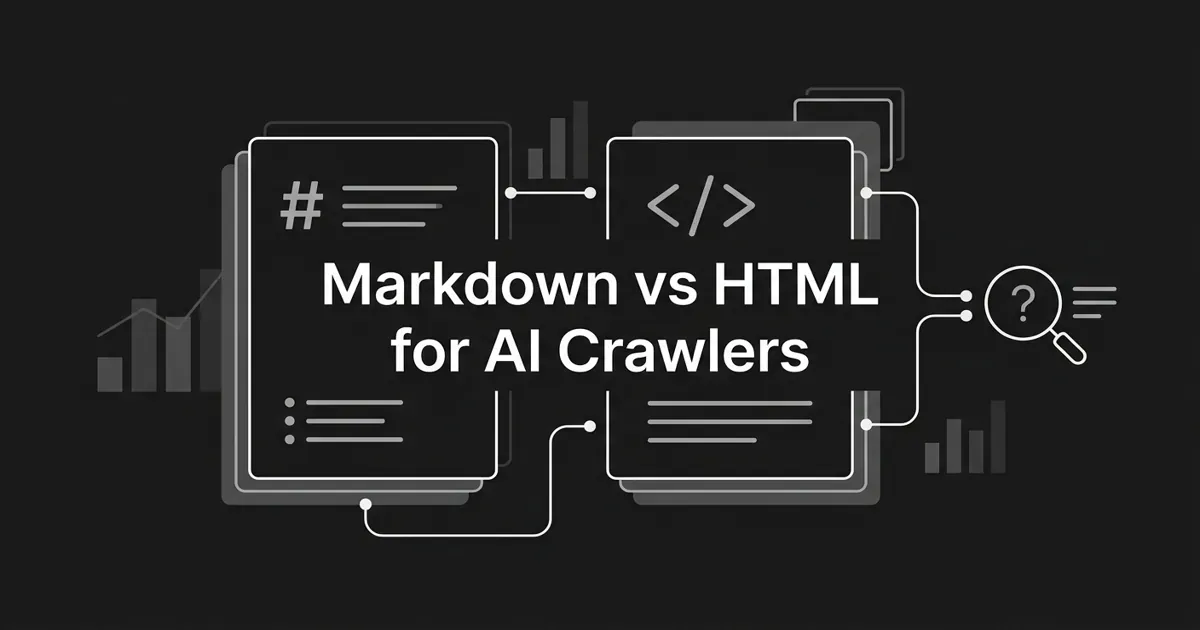 Monochrome flat-vector illustration of a Markdown card and an HTML card linked by connection lines to an AI crawler search motif, under the cover line Markdown vs HTML for AI Crawlers.
