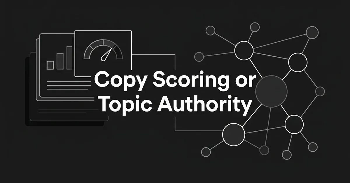A monochrome cover reading Copy Scoring or Topic Authority, with a stack of cards and a score dial on the left and a connected network of topic nodes on the right.