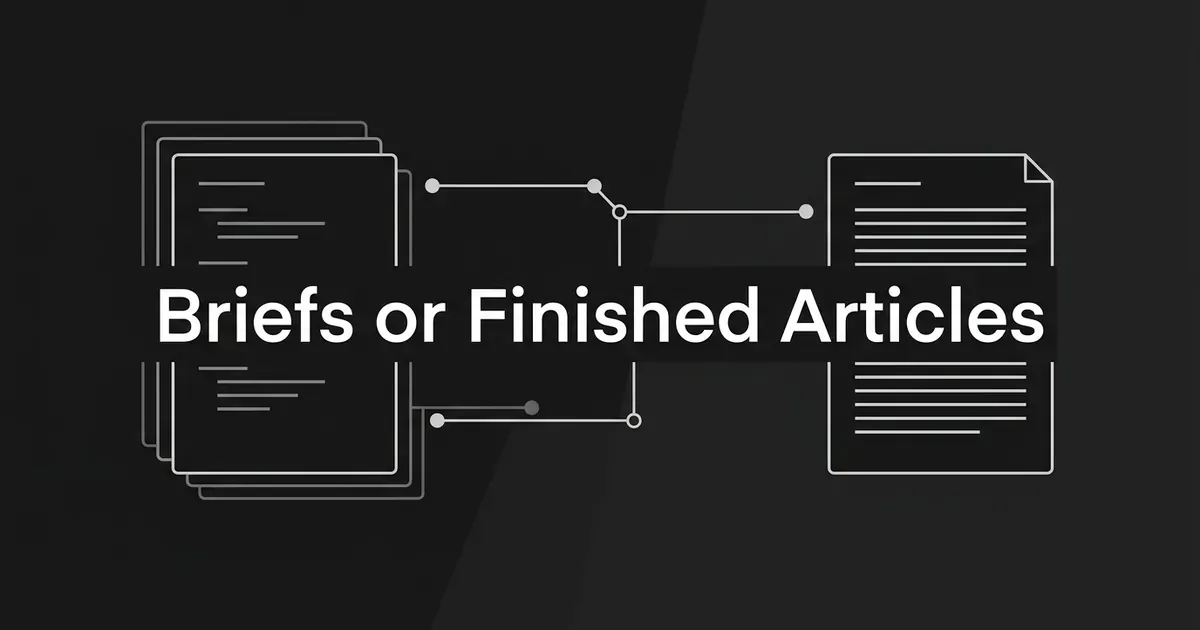 Dark monochrome cover showing a stack of outline brief cards on the left, a finished article page on the right, and the words Briefs or Finished Articles across the middle.
