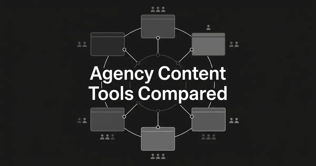 A monochrome diagram of a central ring linked to six separate dark cards, each with small groups of people icons, under the text Agency Content Tools Compared.