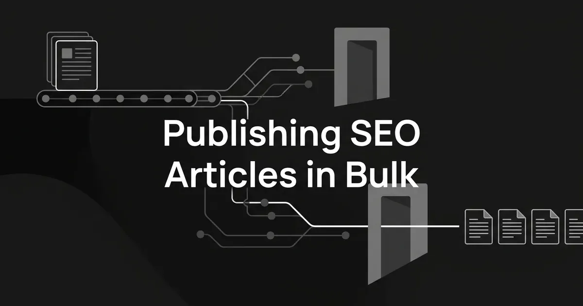 Abstract white linework on charcoal showing a stack of articles on a conveyor that stops at two gates, with one line continuing on to a row of finished pages, under the cover line Publishing SEO Articles in Bulk.