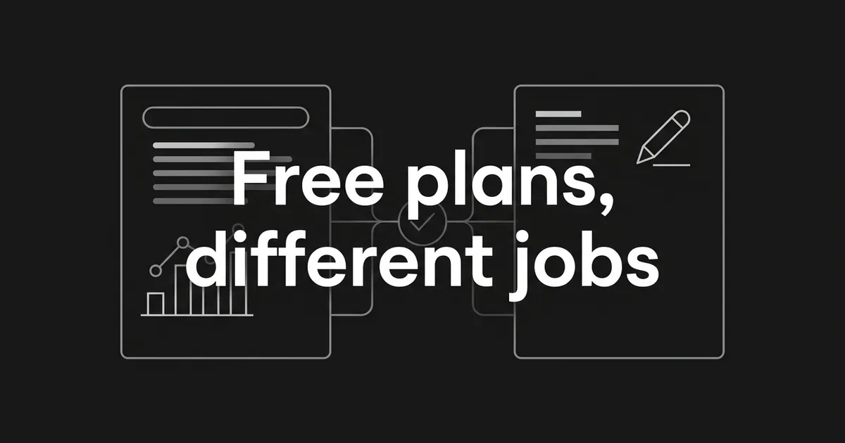 Abstract monochrome illustration of a search-and-chart card beside a short-text card, linked by thin lines, under the cover line Free plans, different jobs.