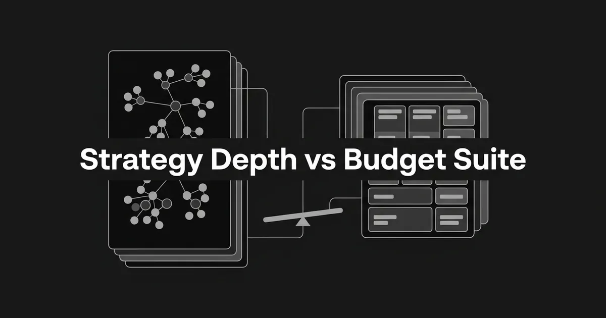 Two stacked card groups on a charcoal background, a tall one holding a connected topic map and a wide one holding bundled modules, balanced on a small seesaw behind the cover line Strategy Depth vs Budget Suite.