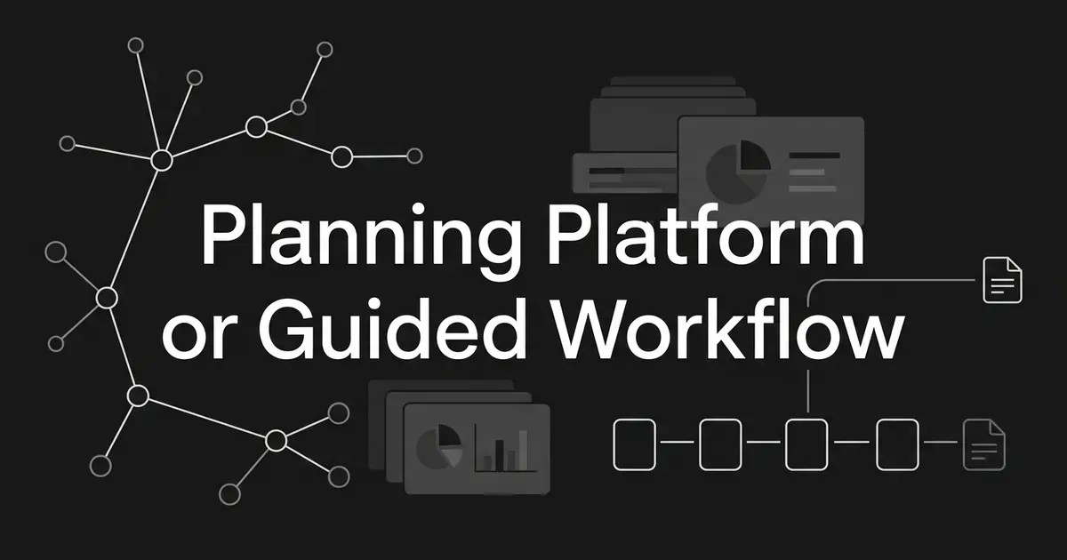 Abstract monochrome cover with the line Planning Platform or Guided Workflow, set between a branching topic-node map and a row of connected step cards ending in a page icon.