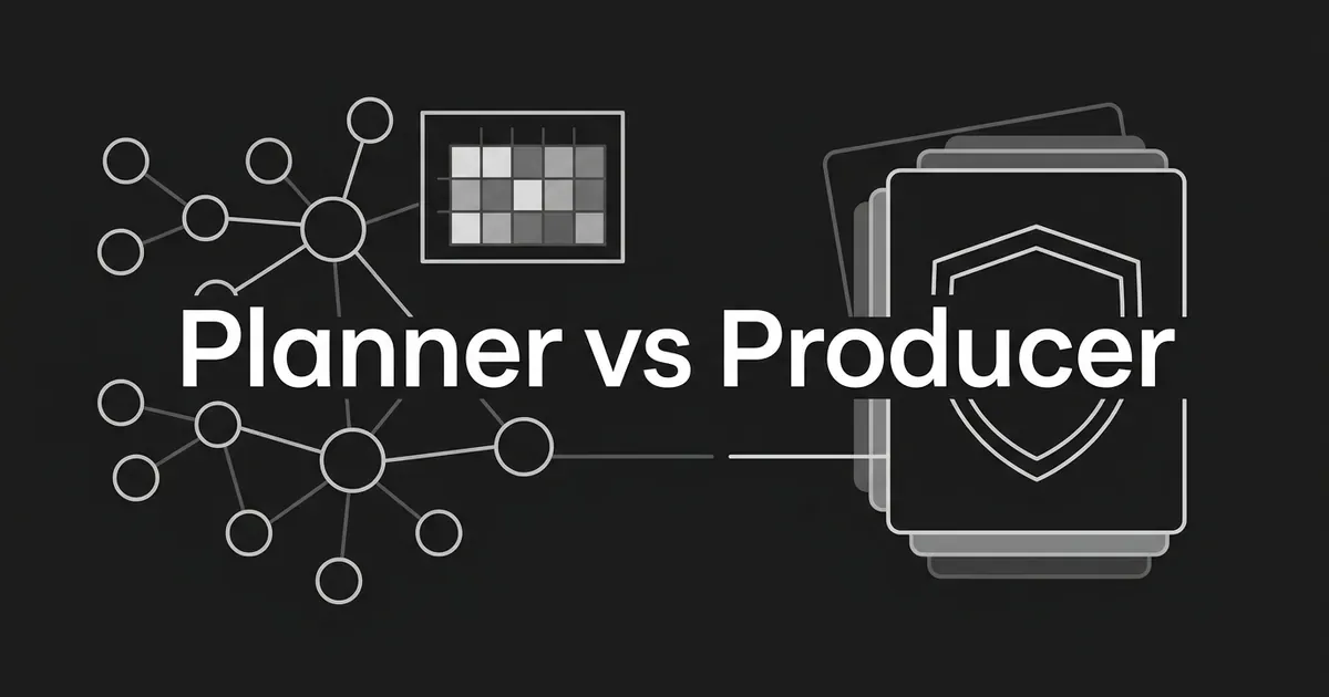 Monochrome illustration of a connected topic map with a heat grid on the left and a layered card stack with a shield outline on the right, under the cover line Planner vs Producer.