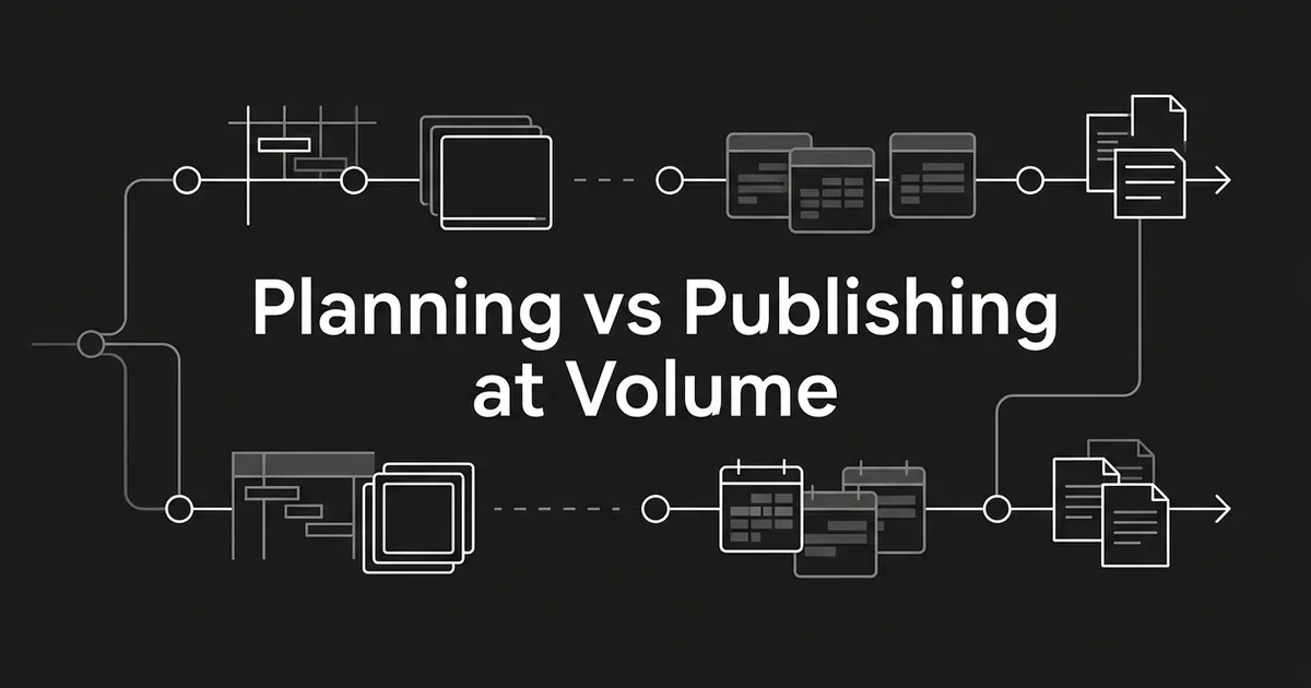 Dark monochrome illustration of connected nodes, outline cards and calendar tiles flowing toward document icons around the line Planning vs Publishing at Volume.
