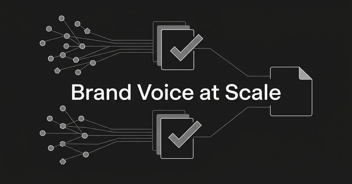 Abstract monochrome diagram of many writer nodes passing through two checkmark gates into a single document, under the words Brand Voice at Scale.