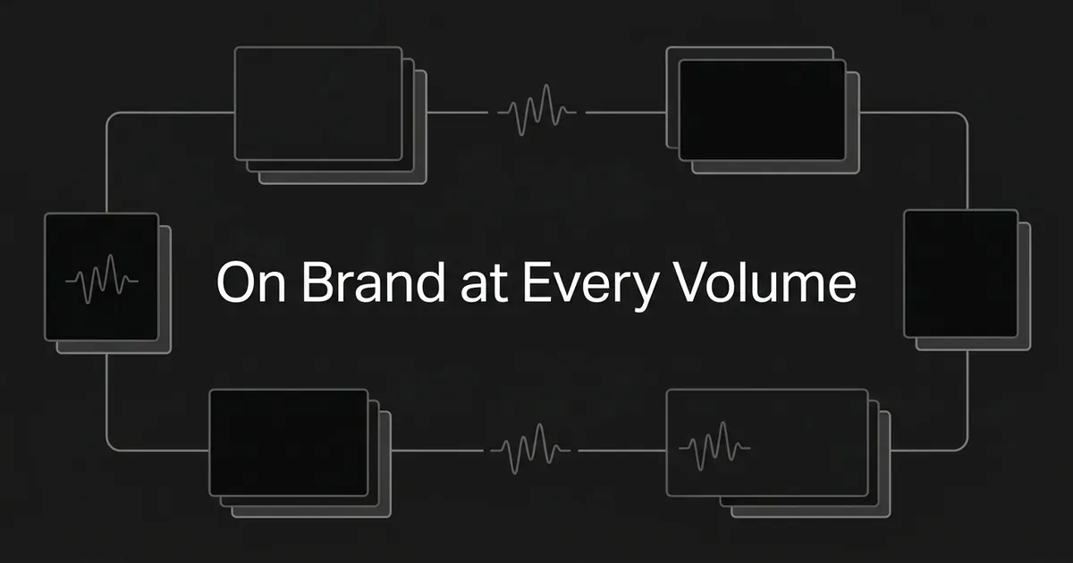 A monochrome loop of layered content cards connected by thin lines, each carrying the same waveform mark, under the cover line On Brand at Every Volume.