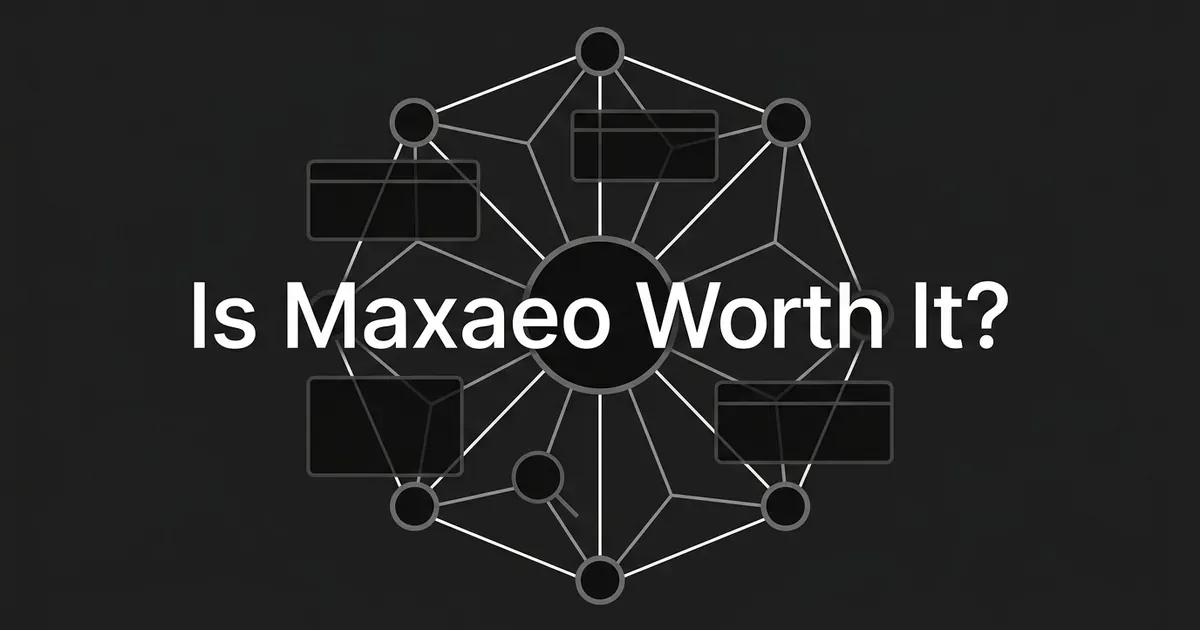 An abstract monochrome illustration of eight connected nodes arranged in a ring around a central node, with flat card shapes and a magnifying glass, and the white centered text Is Maxaeo Worth It on a charcoal background.