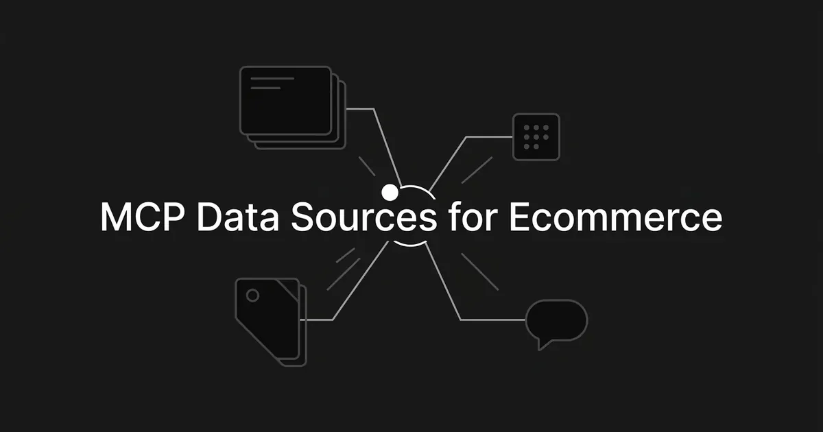 Abstract monochrome illustration of a central node connected to four geometric icons representing catalog records, inventory, product tags, and reviews, with the title MCP Data Sources for Ecommerce.