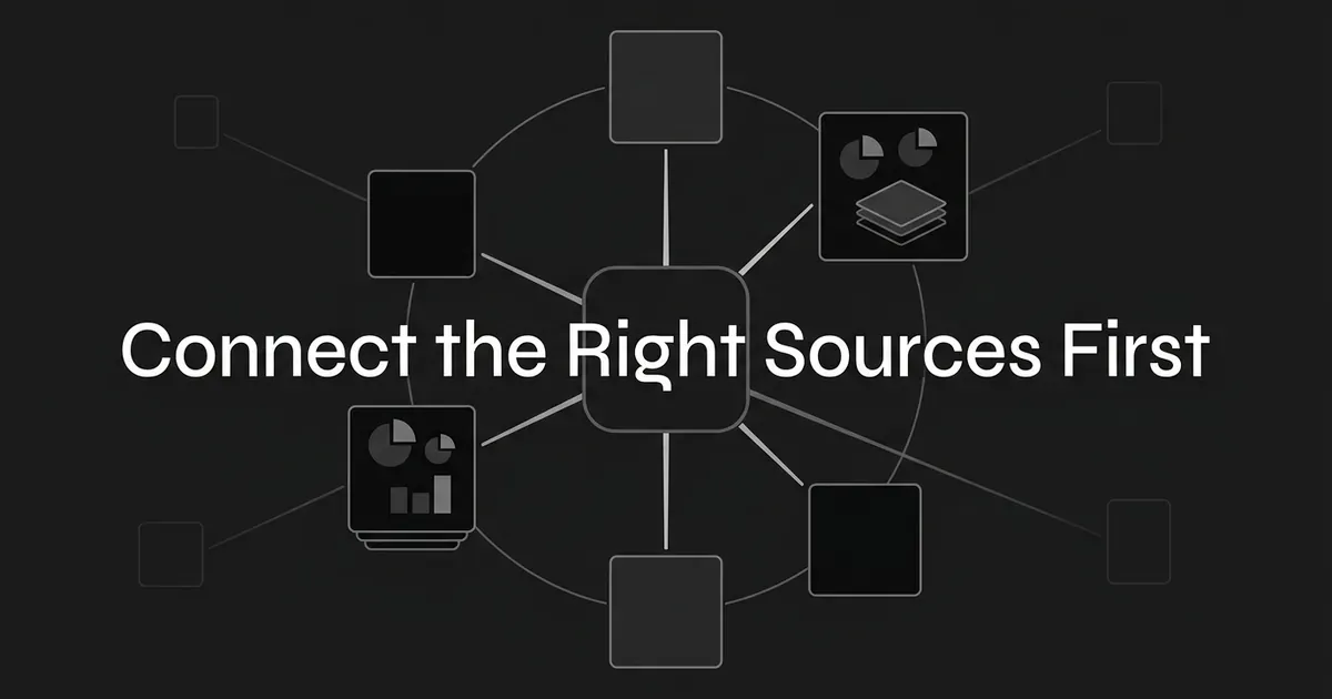 A monochrome abstract diagram of six outlying data-source cards wired by connecting lines into one central node, under the cover line Connect the Right Sources First.