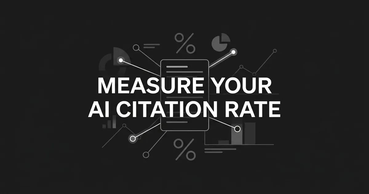 A monochrome, abstract-geometric cover on charcoal showing a central answer card linked to small source nodes with a fraction motif, under the white cover line 'Measure Your AI Citation Rate'.