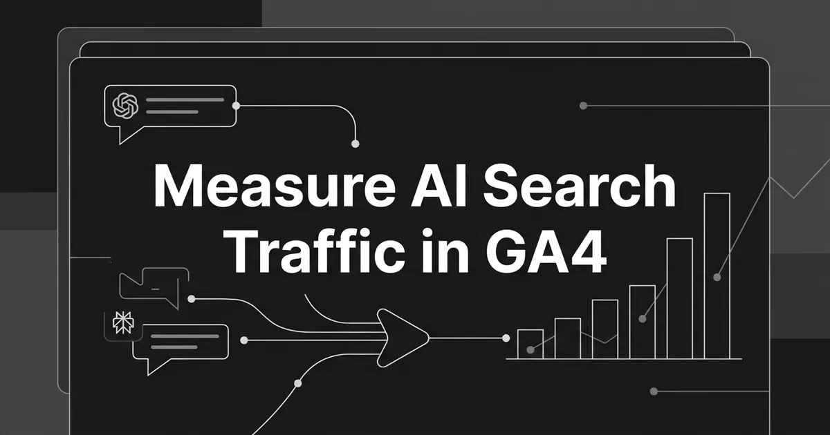 Monochrome charcoal cover showing two abstract AI chat-answer bubbles connected by white lines flowing through a funnel into a rising bar chart, with the centered white title Measure AI Search Traffic in GA4.