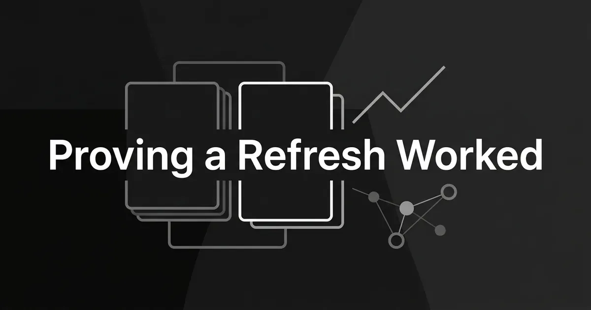 A monochrome cover showing two stacked card outlines side by side as a before and after state, an ascending line chart and a small network of connected nodes, under the white cover line Proving a Refresh Worked.