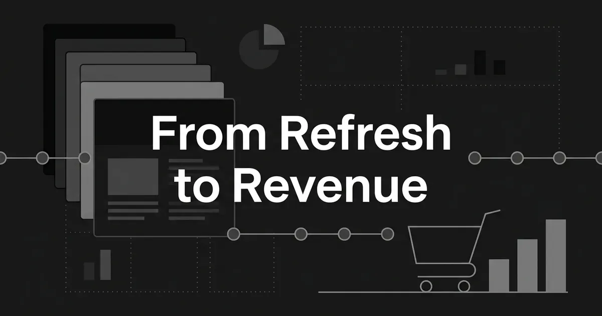 A monochrome cover illustration links a stack of layered page versions through a chain of connected nodes to a shopping cart and a rising row of bars, under the line From Refresh to Revenue.
