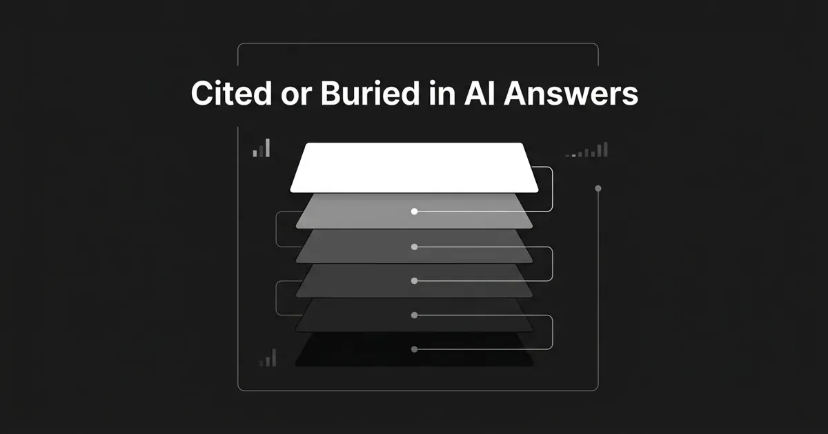 A monochrome stack of layered cards on charcoal, the top card bright white and the lower cards fading to near-black, showing a lead position versus a buried source list, under the cover line Cited or Buried in AI Answers.