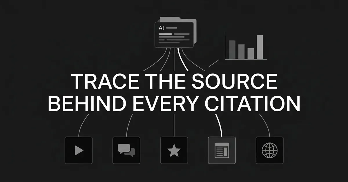 A monochrome abstract-geometric cover showing an AI answer card at the top with thin connector lines fanning down to five source icons for video, forum, review, news, and website, beside a small ranked bar chart, behind the centered white cover line TRACE THE SOURCE BEHIND EVERY CITATION.