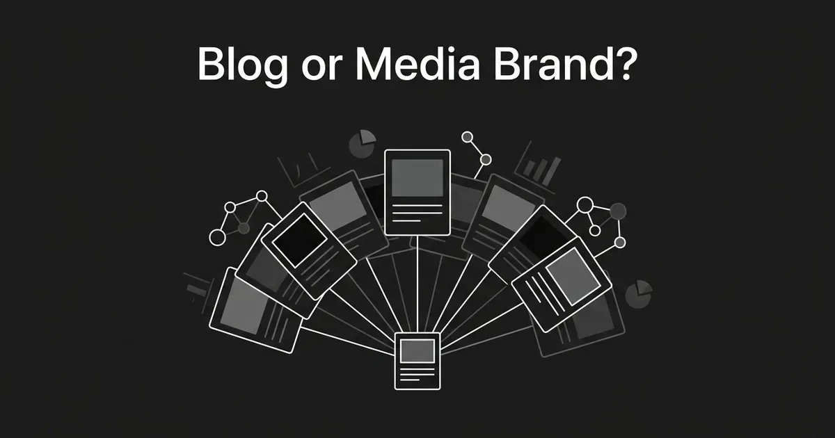A monochrome illustration of one blog post card fanning out into a wider cluster of content cards, connection nodes, and chart fragments, with the cover line 'Blog or Media Brand?'