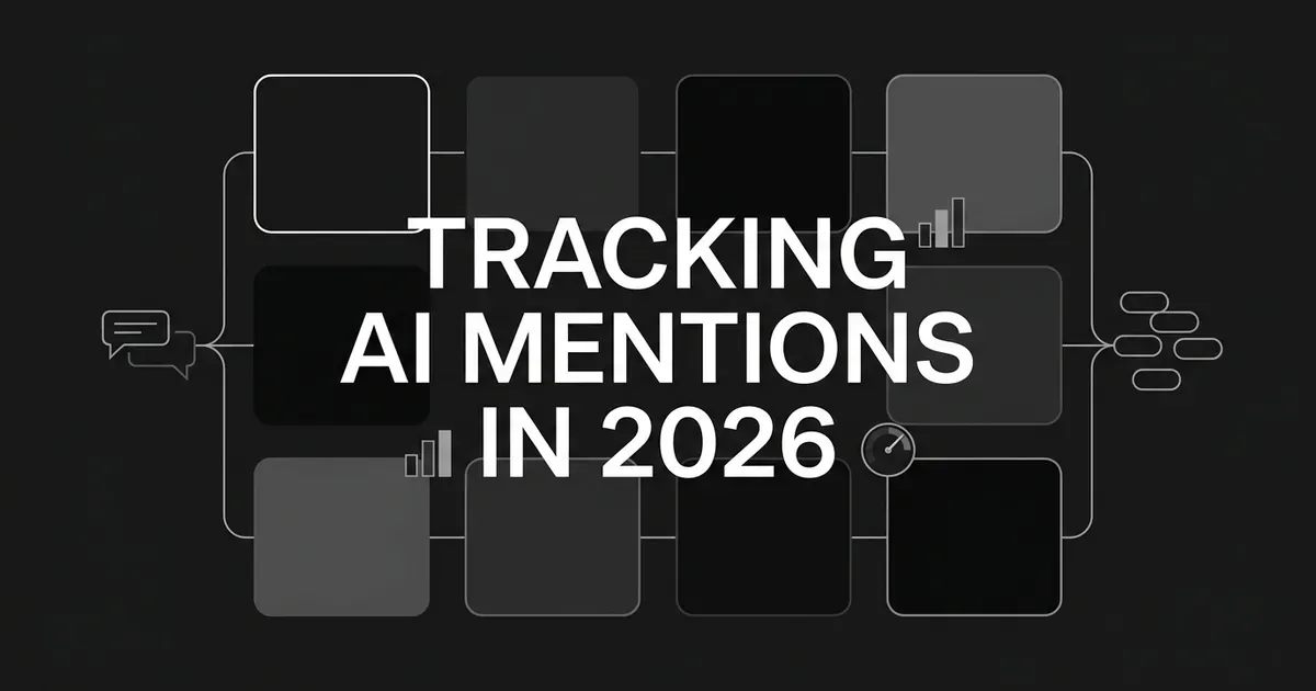 A monochrome grid of dark cards linked by thin white lines from a chat answer bubble to a cluster of source links, behind the centred cover line Tracking AI Mentions in 2026.