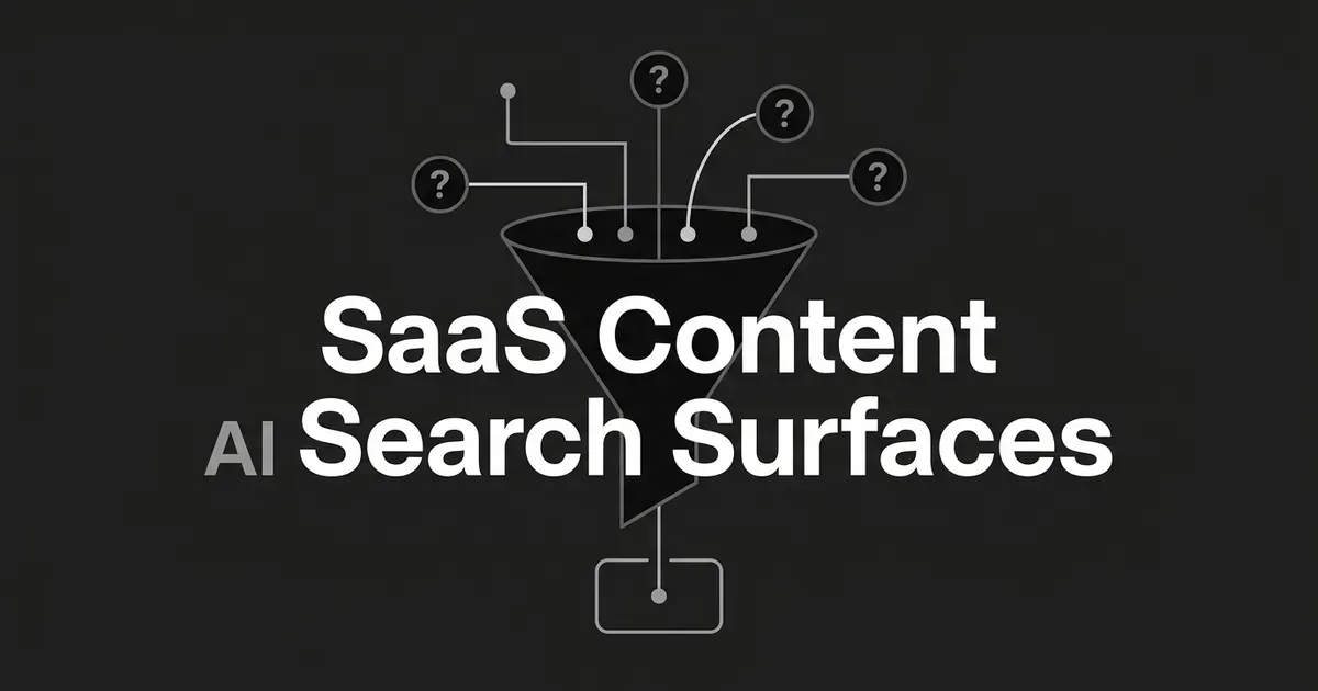 A monochrome illustration of question marks converging through a funnel shape into a single answer card, with the cover line SaaS Content AI Search Surfaces.