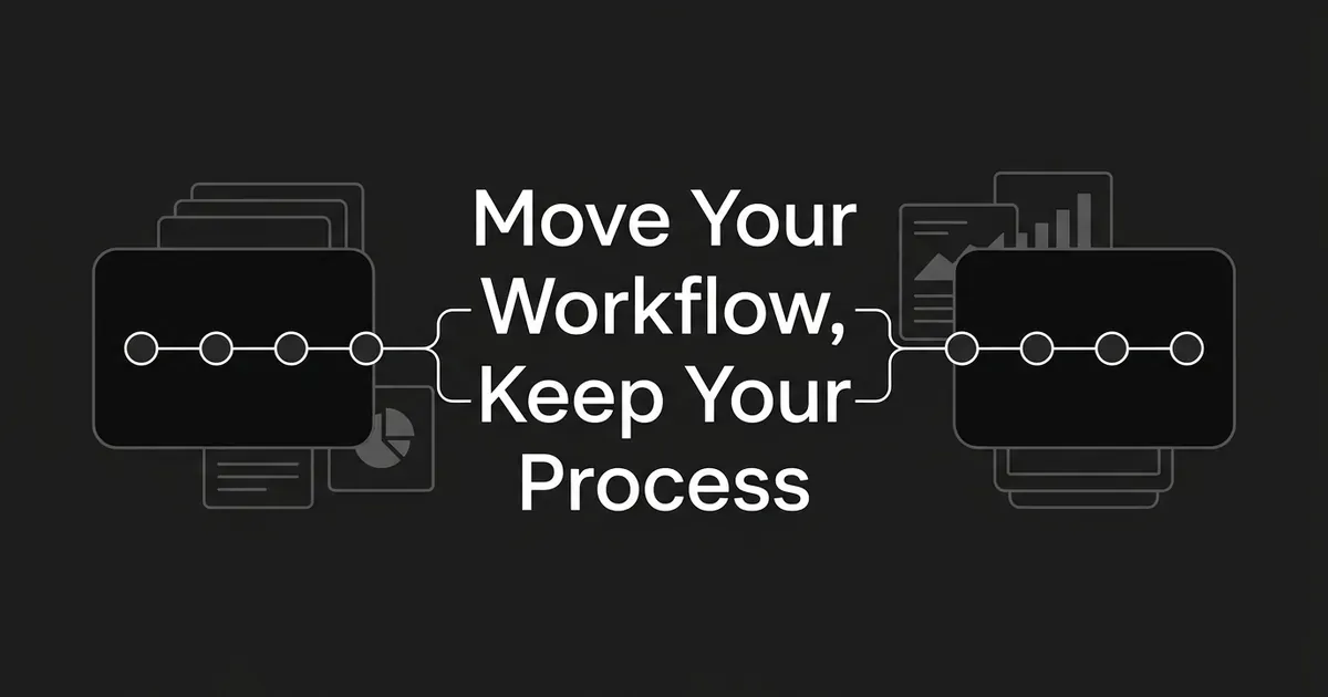 Two dark boxes, each with a row of four connected nodes, linked by lines that pass around the cover line 'Move Your Workflow, Keep Your Process' in white text.