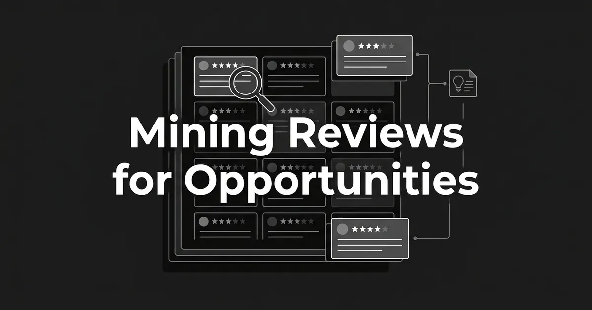 A monochrome illustration of a grid of star-rated review cards with a magnifying glass highlighting a few, connected by lines to a small idea document, under the title Mining Reviews for Opportunities.