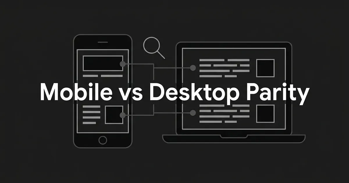 An abstract illustration of a smartphone and a laptop connected by lines linking matching content blocks, with a magnifying glass symbolizing search, and the text Mobile vs Desktop Parity.