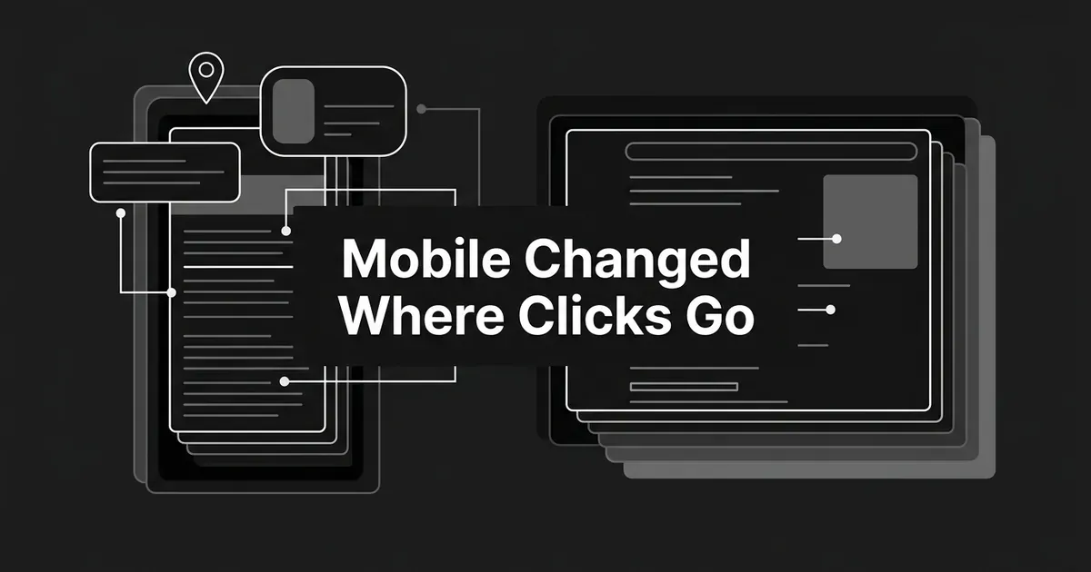 Abstract monochrome illustration of a narrow phone-style search results stack with a location pin and knowledge card near the top, connected by lines to a wider desktop-style search results stack, under the text Mobile Changed Where Clicks Go.