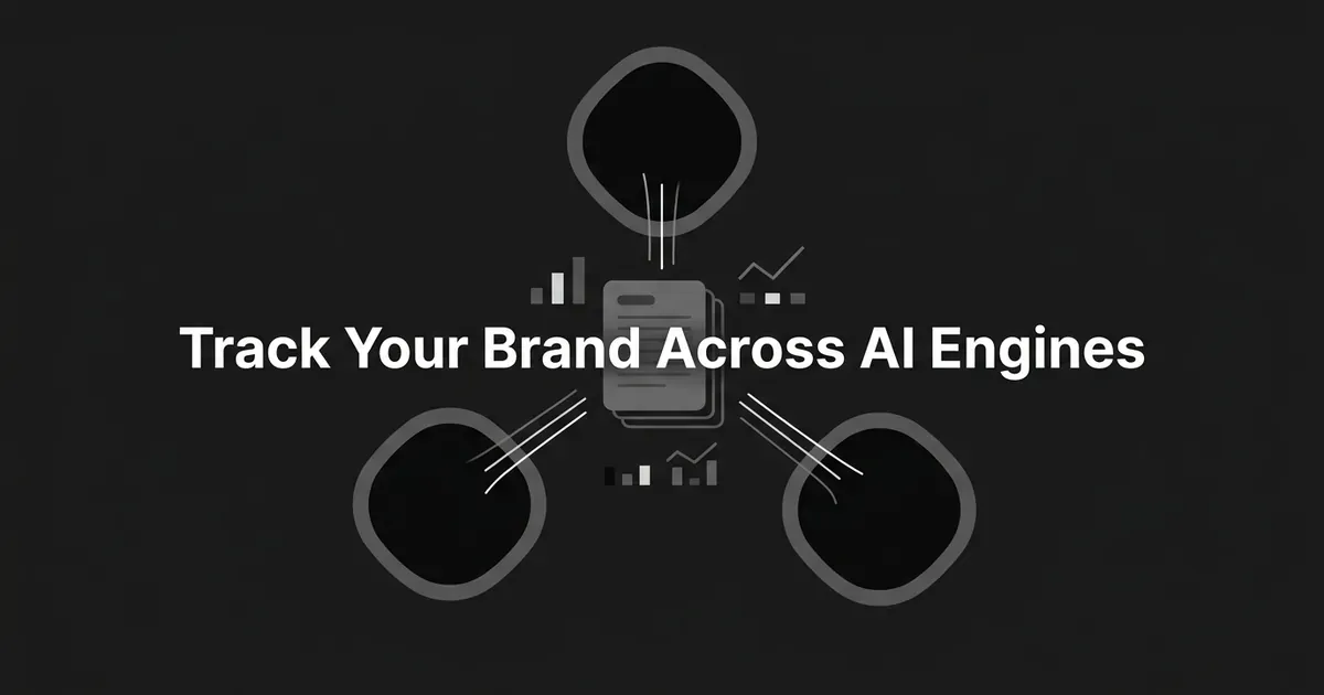 Abstract illustration of three dark rounded nodes representing separate AI engines, each connected by thin lines to a central stack of log pages and small chart marks, with the white text Track Your Brand Across AI Engines centered on a charcoal background.