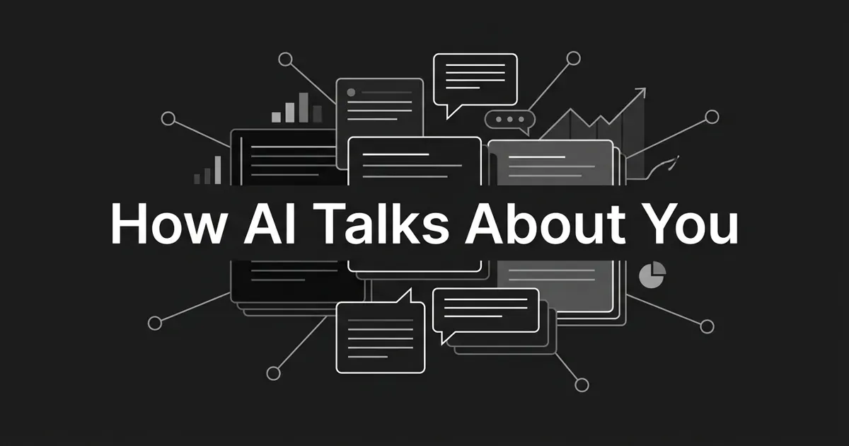 Monochrome illustration of layered answer cards, speech bubbles, and chart fragments connected by nodes on a charcoal background, under the centered white cover line 'How AI Talks About You'.