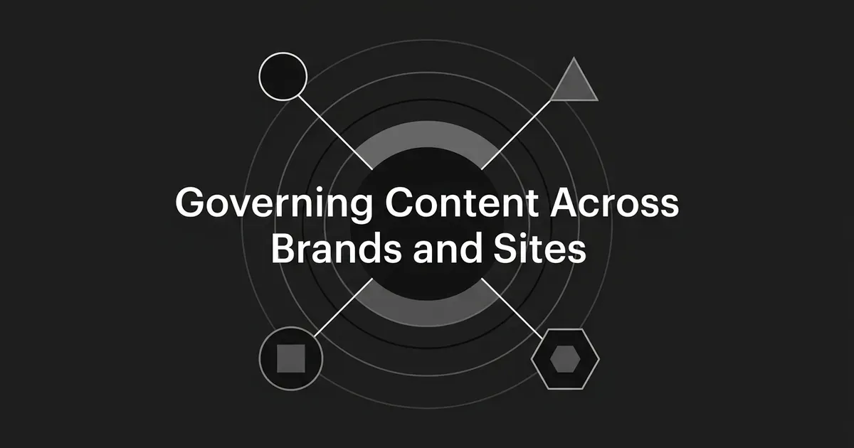 A monochrome illustration of four distinct brand shapes (circle, triangle, square, hexagon) connected by lines to one central hub ringed by concentric circles, with the cover line Governing Content Across Brands and Sites.
