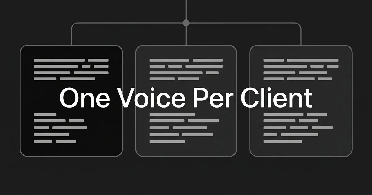 Three separate document cards, each holding a different pattern of text lines, hang from one shared node beneath the words One Voice Per Client.