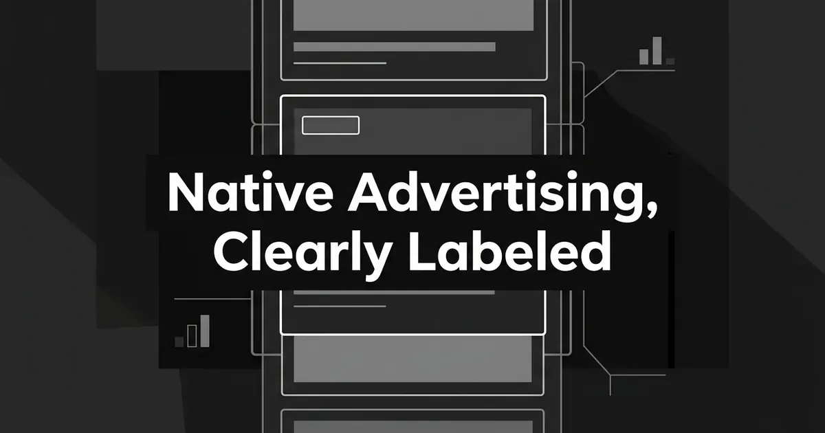 A stack of grayscale article cards in a feed with one card tagged as a paid placement, behind the cover line Native Advertising, Clearly Labeled.