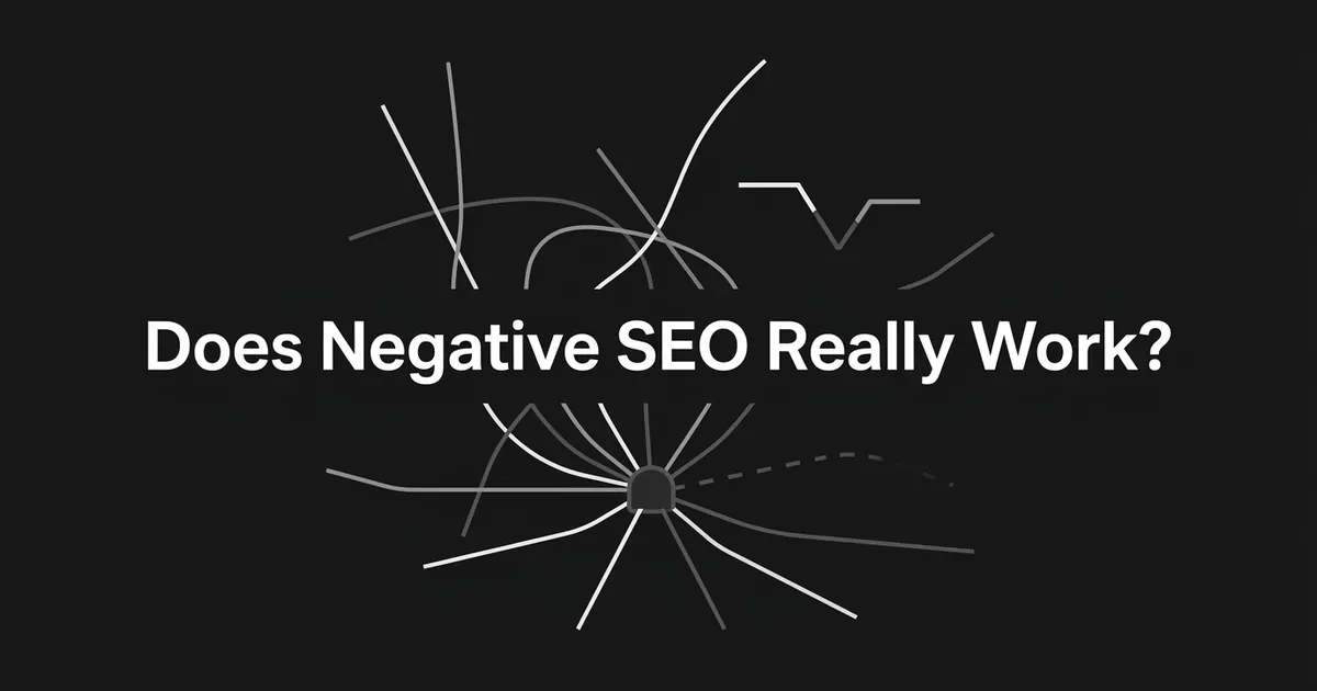 An abstract illustration on a dark background of tangled white and gray lines converging on a central node, with one line shown dashed to represent a link carrying no weight, above the headline 'Does Negative SEO Really Work?'