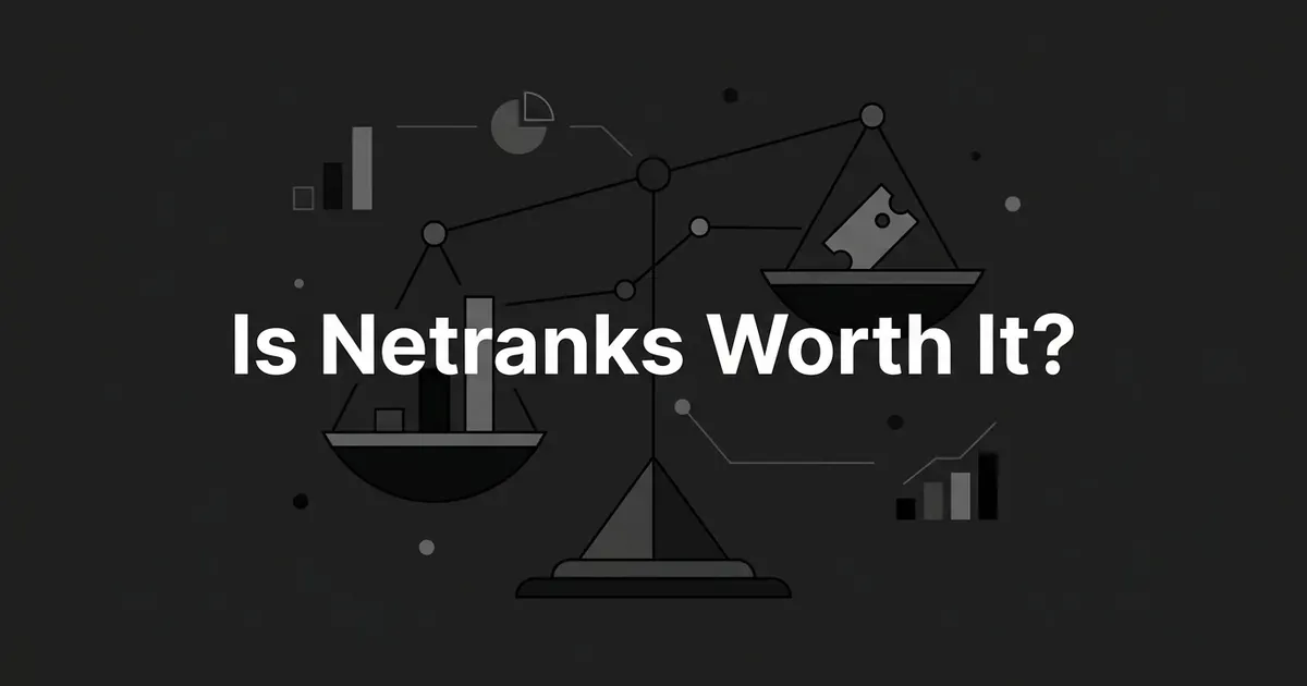 A monochrome illustration of a balance scale weighing a bar chart against a price tag, with the text 'Is Netranks Worth It?' centered on a charcoal background.