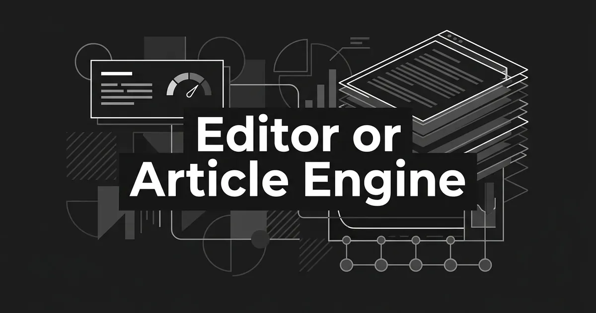 Abstract monochrome illustration of a small editor card with a score dial beside a stack of layered article cards fed by connected nodes, under the cover line Editor or Article Engine.