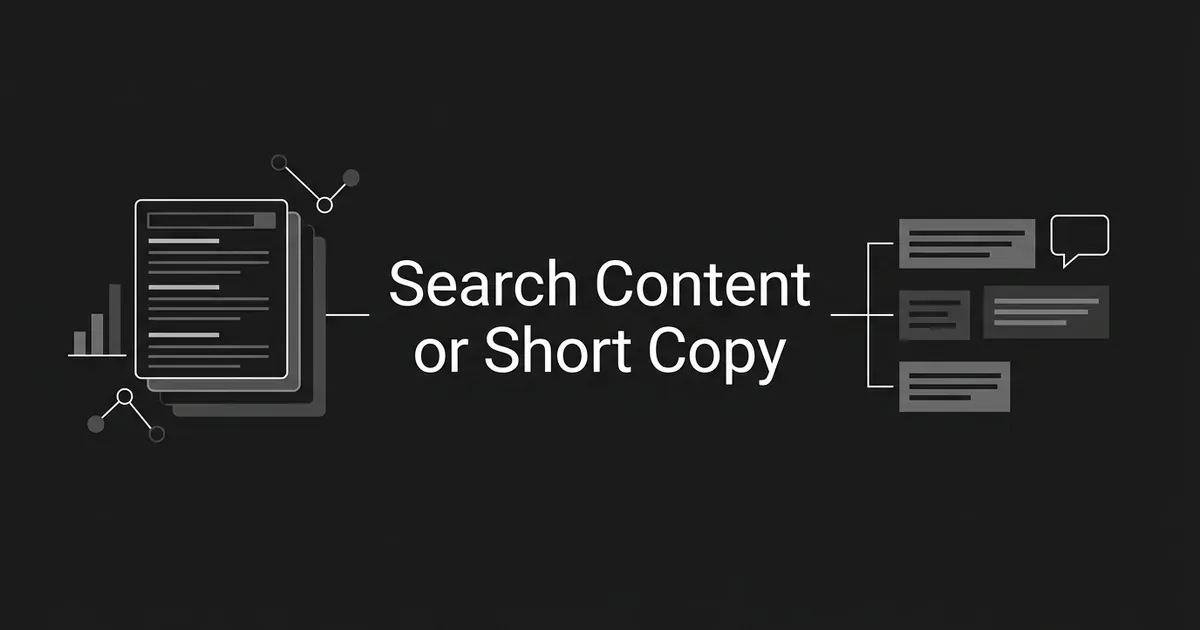 Minimal monochrome cover with the line Search Content or Short Copy between a stack of search result cards with a chart on the left and short text blocks with a speech bubble on the right.