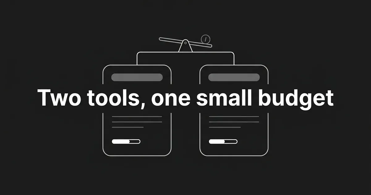 Two matching tool cards sit side by side under a small balance beam, with the cover line Two tools, one small budget across the middle, in white on charcoal.