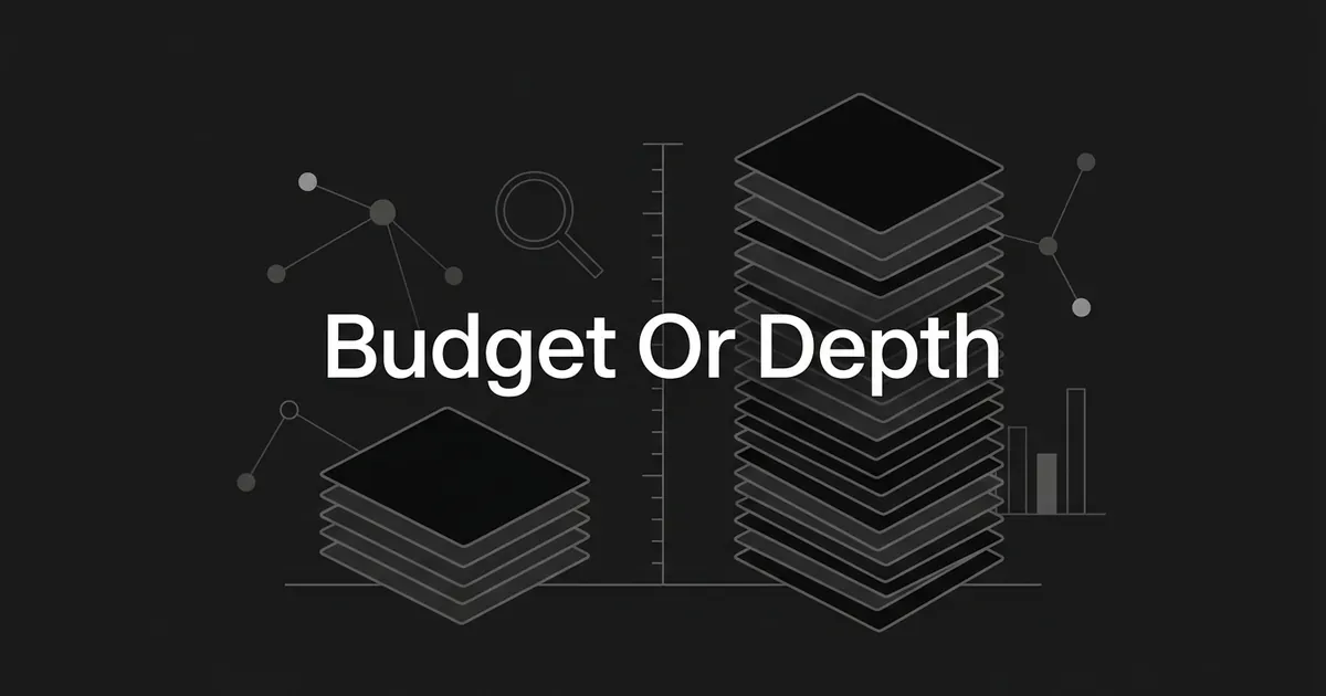 A monochrome illustration showing a short stack of layered cards beside a much taller one, separated by a measuring scale, under the cover line Budget Or Depth.