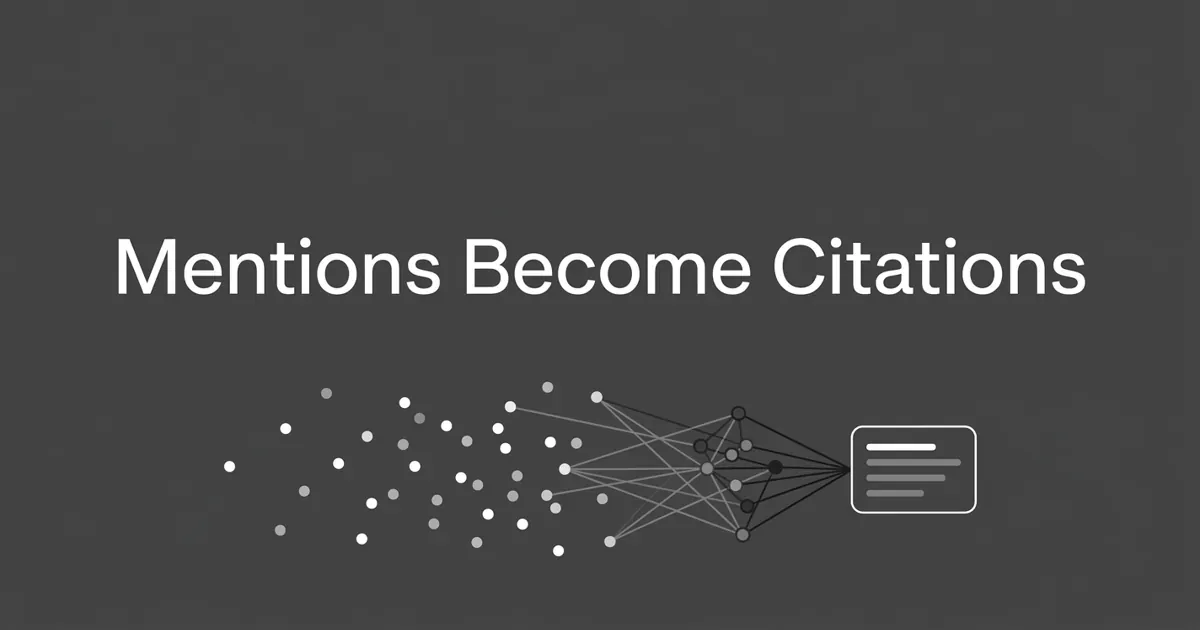 Monochrome cover on a charcoal background showing scattered white and gray dots converging along thin connection lines into a dense node cluster that resolves into a single answer card with one highlighted citation line, under the centered white cover line "Mentions Become Citations".
